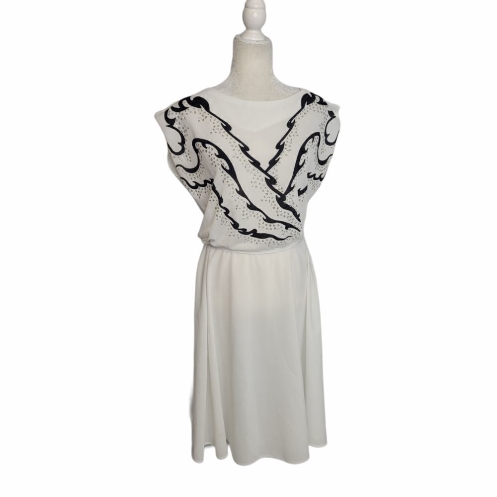 VINTAGE 70s white dress glitter sleeveless midi disco M‎